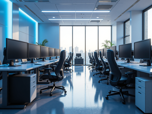 山东中飞电子信息有限公司办公环境，现代化办公室内部，员工正在工作，蓝色主题装饰